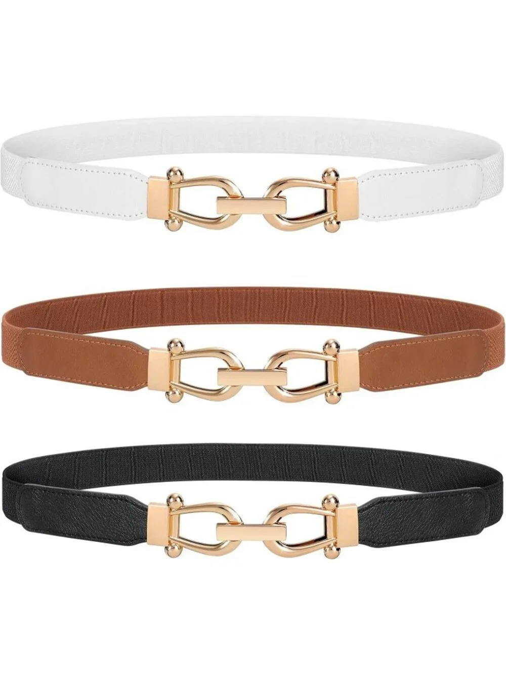 Women's Black Brown White Retro Elastic Stretch Belt 3-Pcs With Gold Buckle